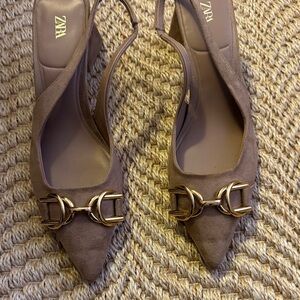 Zara Women's Beige Slingback Heels with Gold Detail